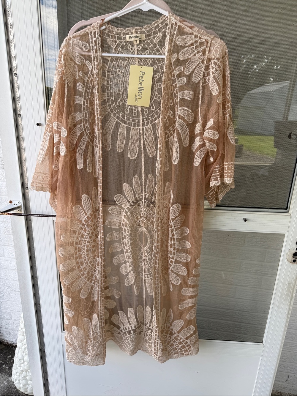 Rebellion Beige Sheer Embroidered Kimono Cover